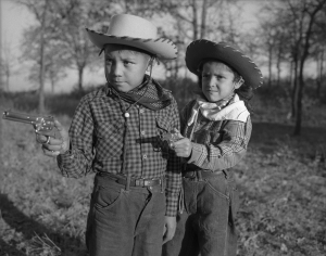 Robert “Corky” and Linda Poolaw (Kiowa/Delaware), dressed up and posed for the photo by their father, Horace. Anadarko, Oklahoma, ca. 1947. 
